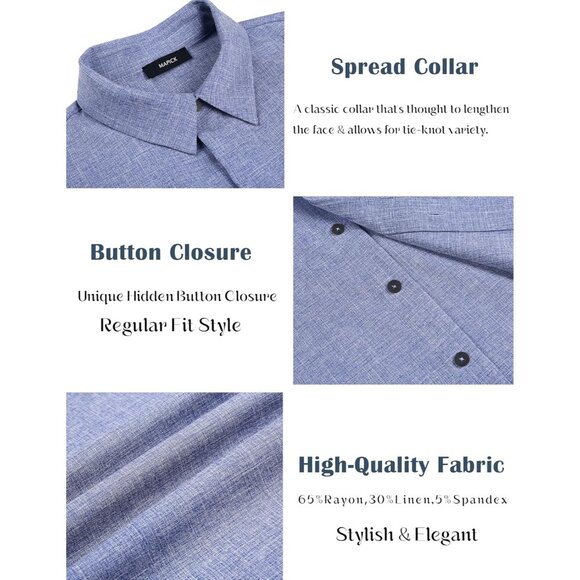 Men's  A-denim Blue Linen Short Sleeve Button Down Casual Shirt Business Dress - Picture 5 of 6